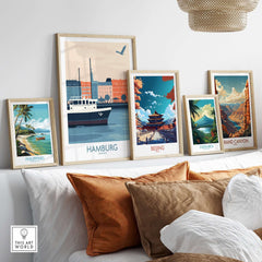 Hamburg Wall Art Print displayed among travel posters for Philippines, Beijing, Costa Rica, and Grand Canyon.