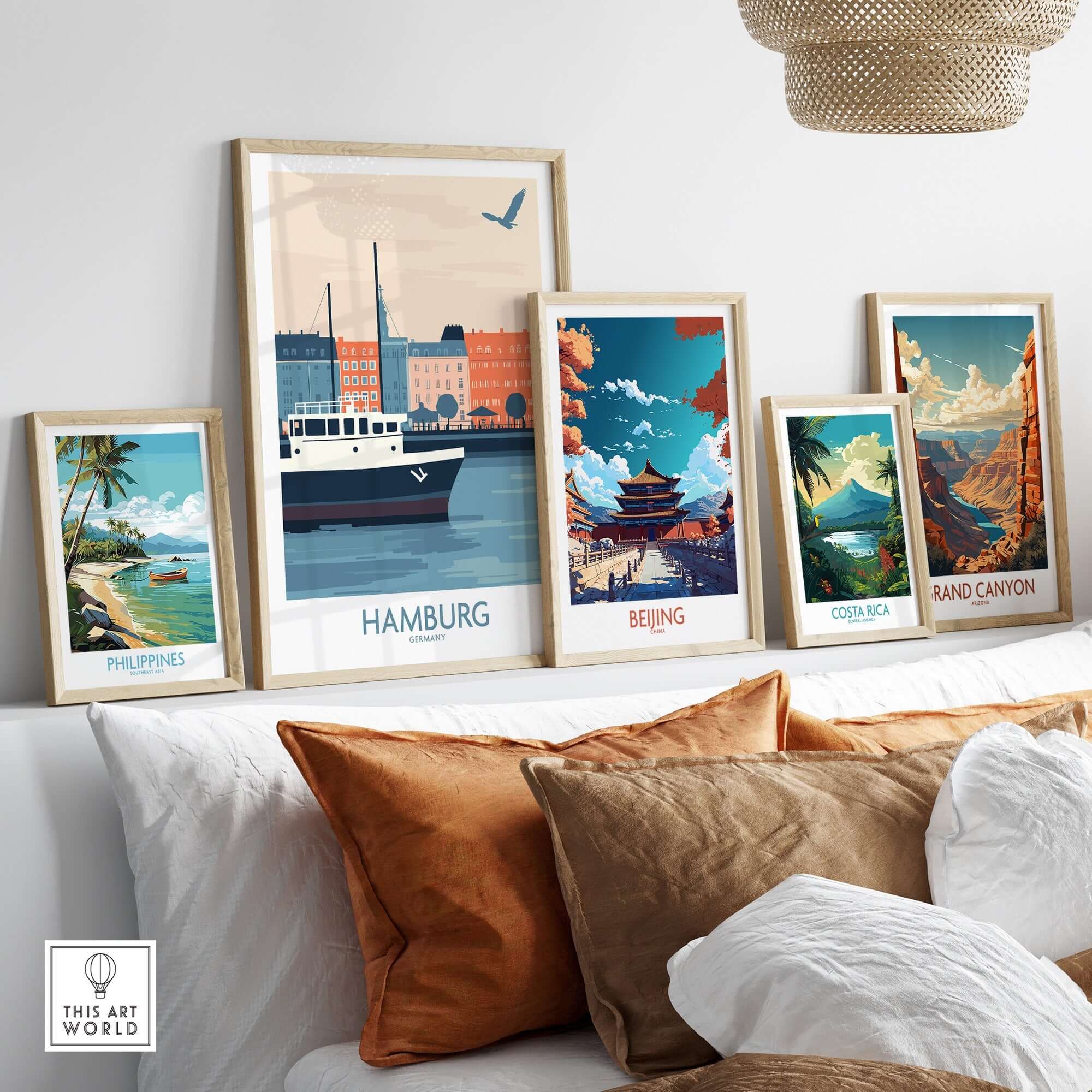 Hamburg Wall Art Print displayed among travel posters for Philippines, Beijing, Costa Rica, and Grand Canyon.