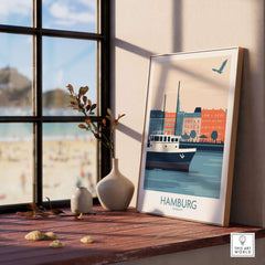 Hamburg Wall Art Print featuring a serene view of the city's waterfront with a boat and colorful buildings.