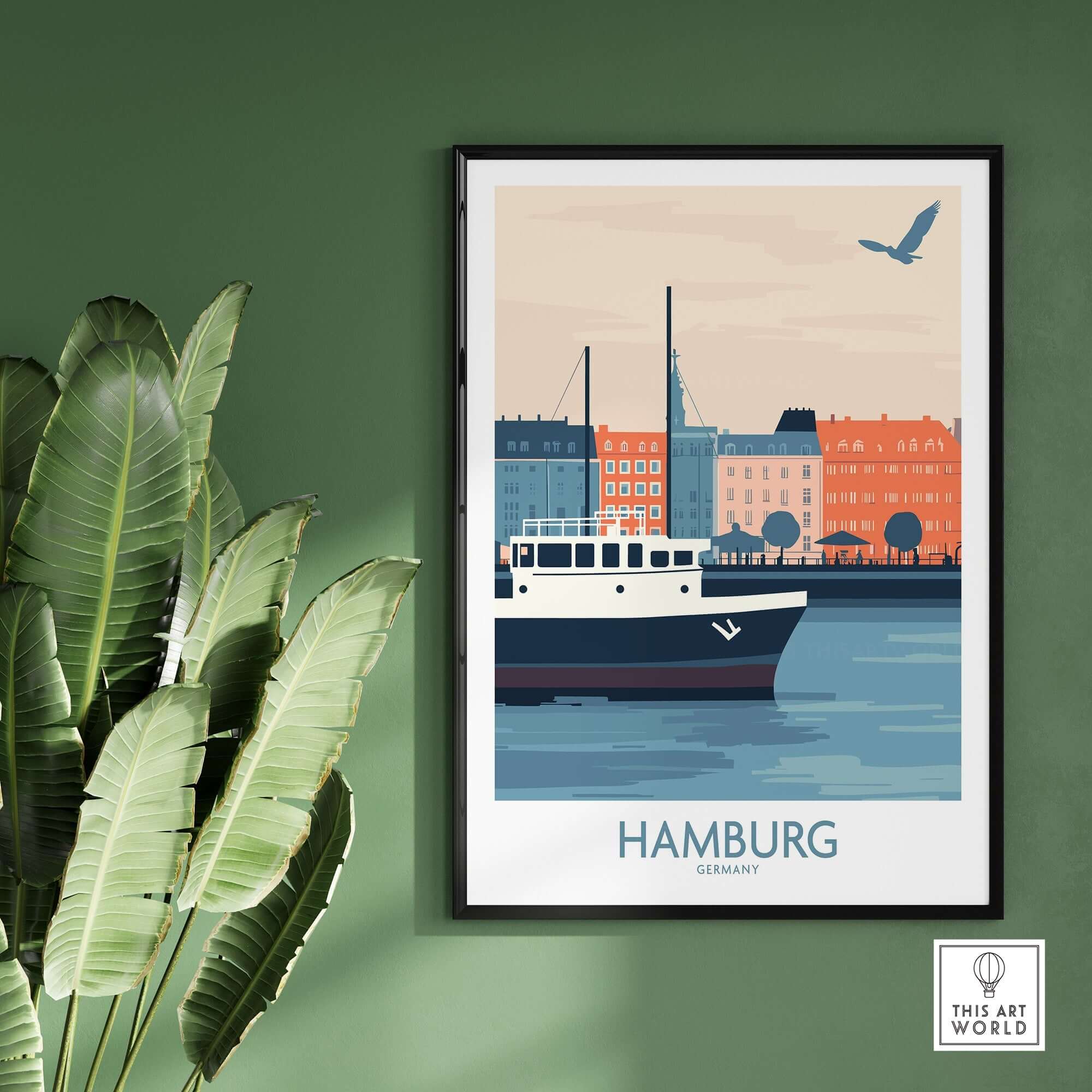 Hamburg Wall Art Print showcasing a cityscape with a boat, perfect for home decor and inspiration.