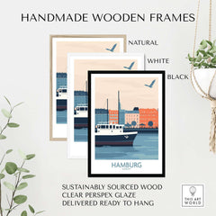 Hamburg Wall Art Print displayed in handmade wooden frames, showcasing natural, white, and black options for stylish home decor.