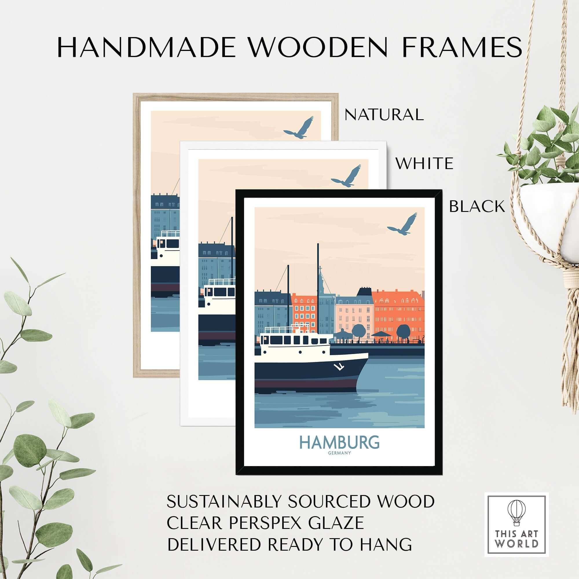 Hamburg Wall Art Print displayed in handmade wooden frames, showcasing natural, white, and black options for stylish home decor.