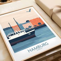Hamburg Wall Art Print featuring vibrant boat and cityscape, showcasing the beauty of Hamburg.