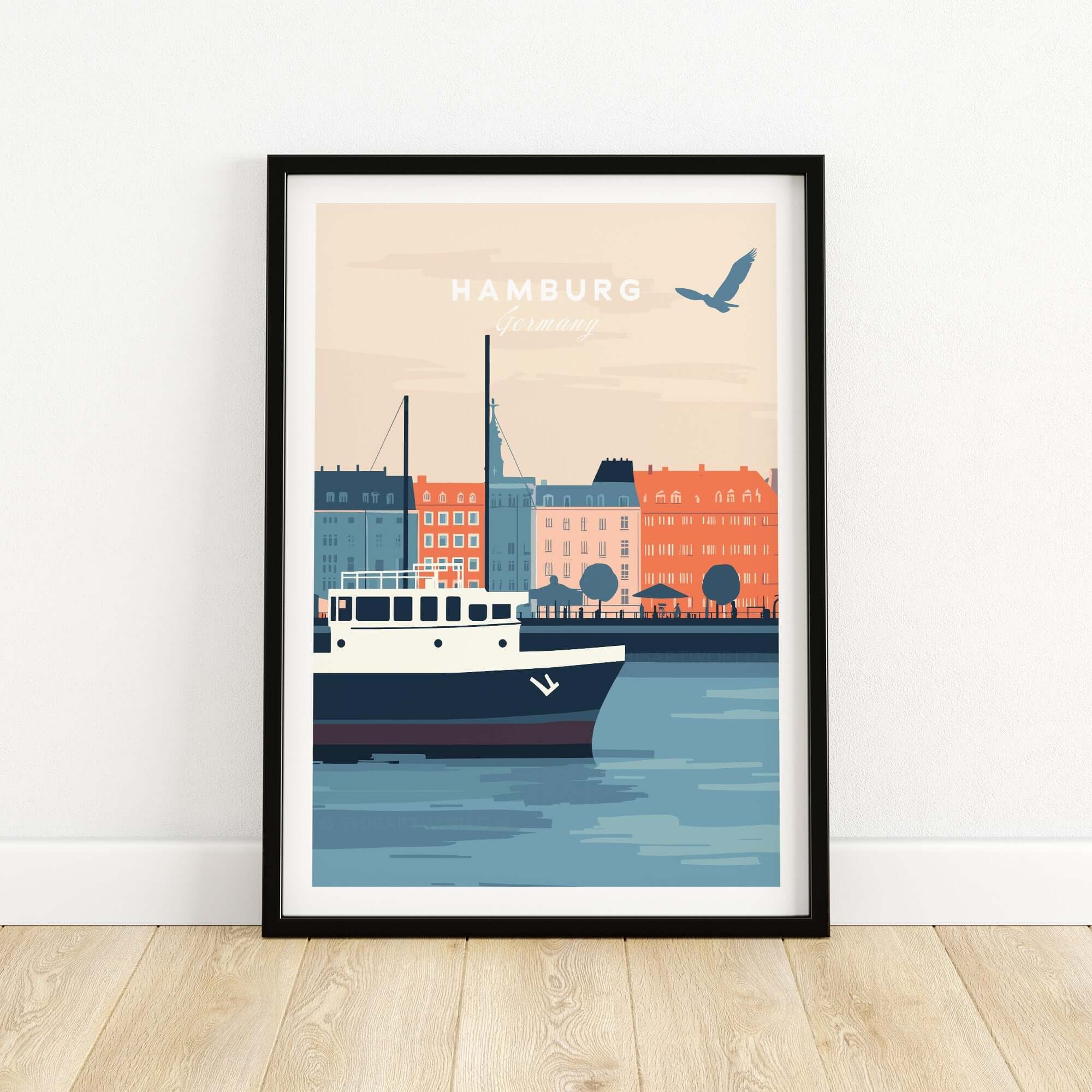 Hamburg Wall Art showcasing a picturesque harbor scene with a ship and colorful buildings, perfect for home décor.