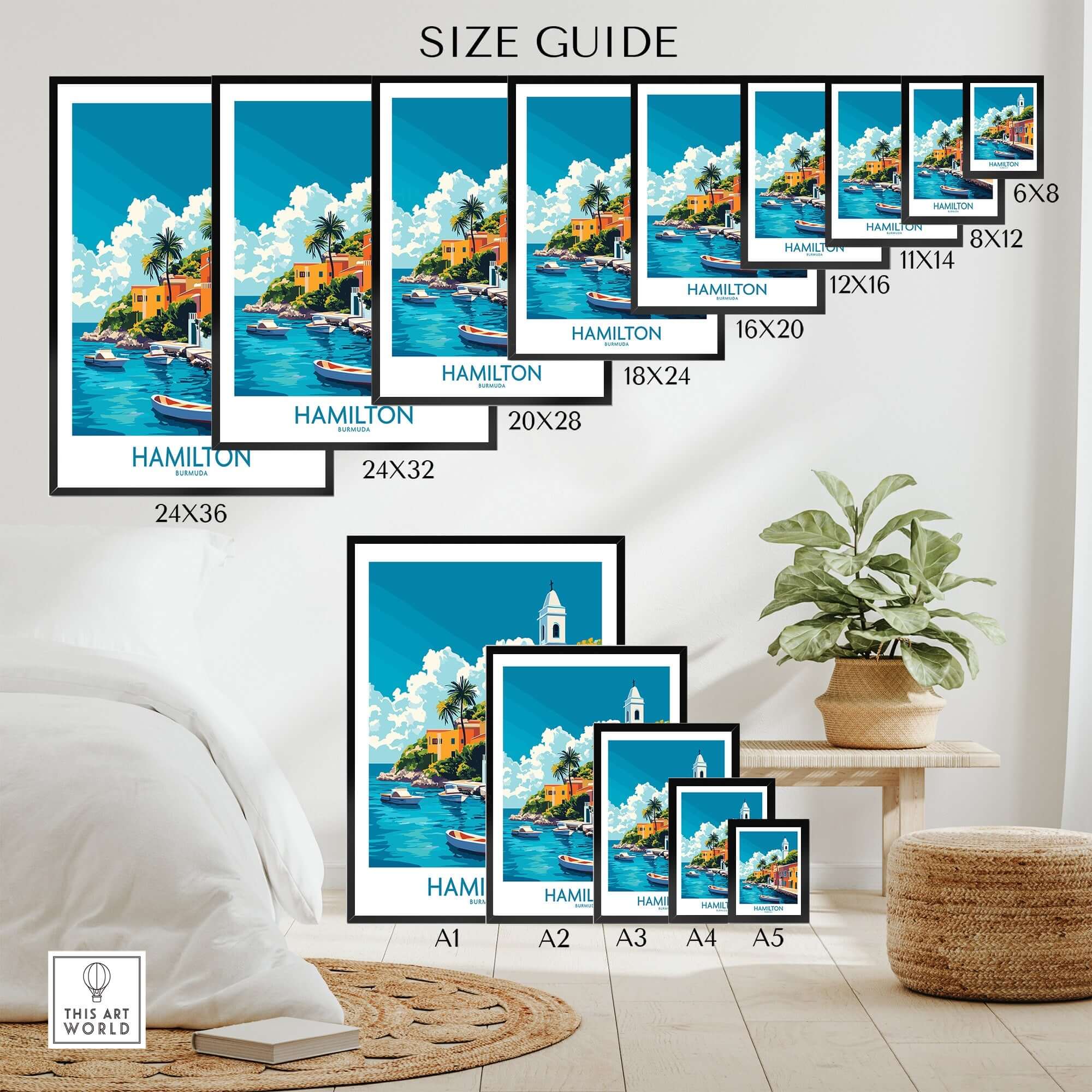 Hamilton Travel Poster Bermuda size guide featuring various frame sizes and vibrant artwork of Bermuda.