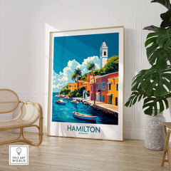 Hamilton Travel Poster Bermuda displayed in a stylish living room, showcasing vibrant colors and iconic Bermuda scenery.