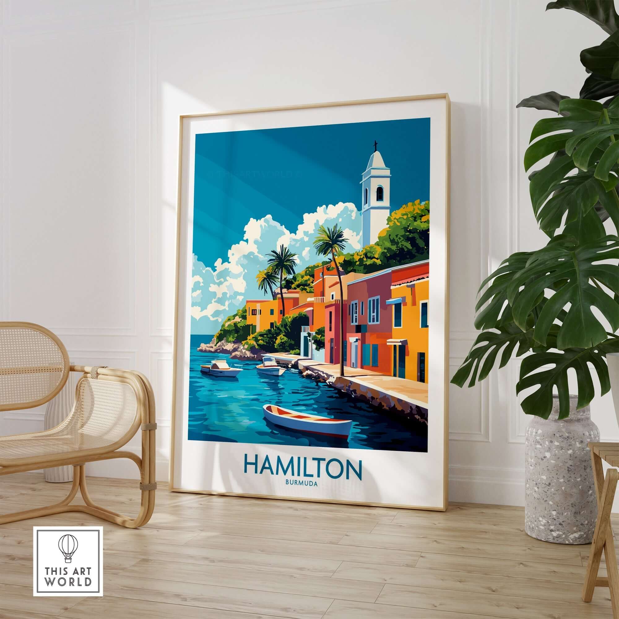 Hamilton Travel Poster Bermuda displayed in a stylish living room, showcasing vibrant colors and iconic Bermuda scenery.