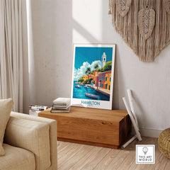 Hamilton Travel Poster Bermuda showcasing vibrant streets and a beautiful waterfront scene in Hamilton.