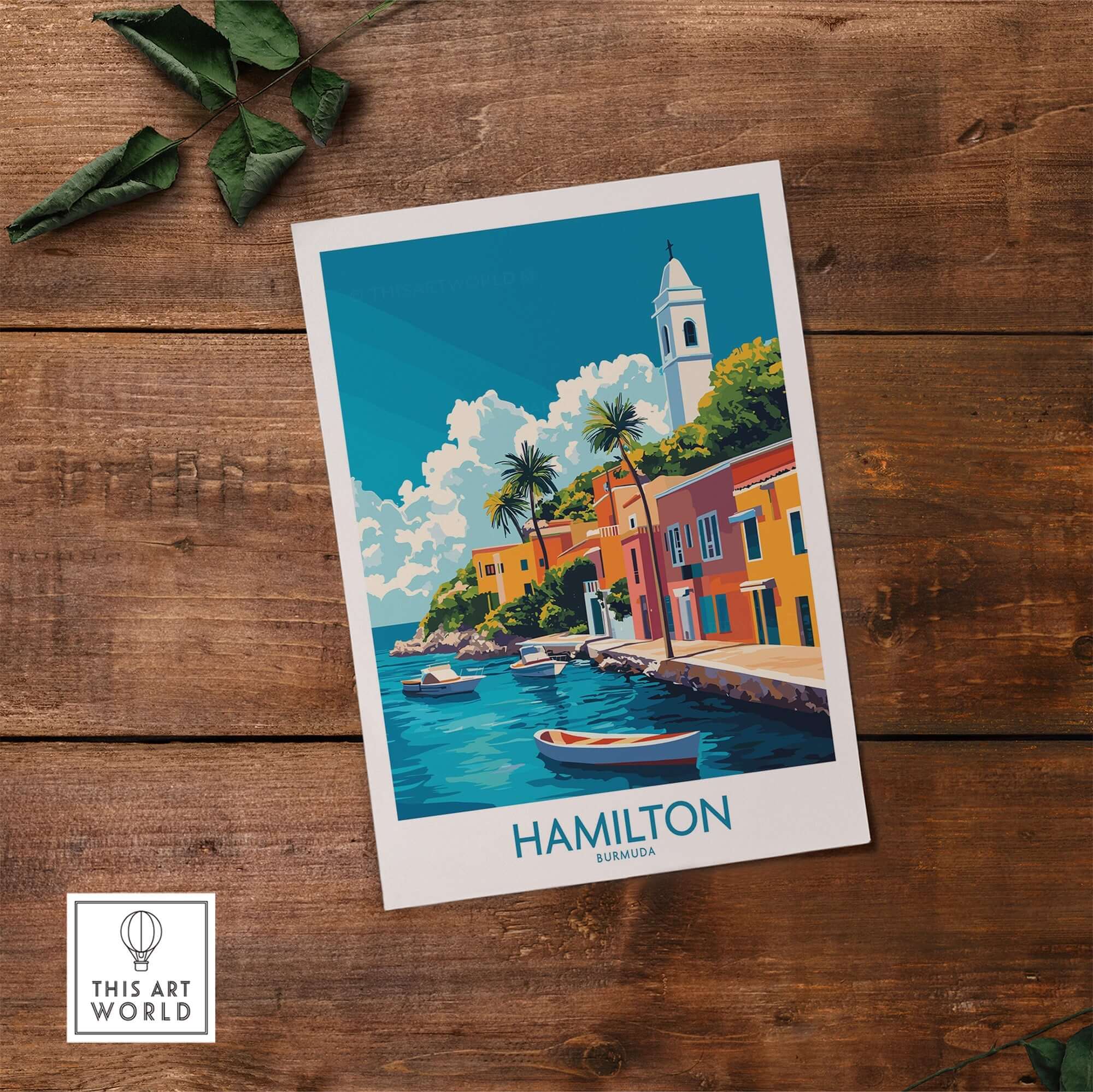Hamilton Travel Poster Bermuda showcasing vibrant streets and serene waters of Hamilton, Bermuda wall art for travel enthusiasts.