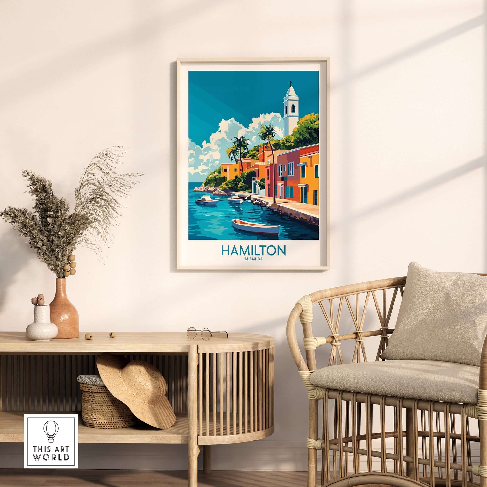 Hamilton Travel Poster Bermuda showcasing colorful buildings and boats by the shore in a stylish interior setting.