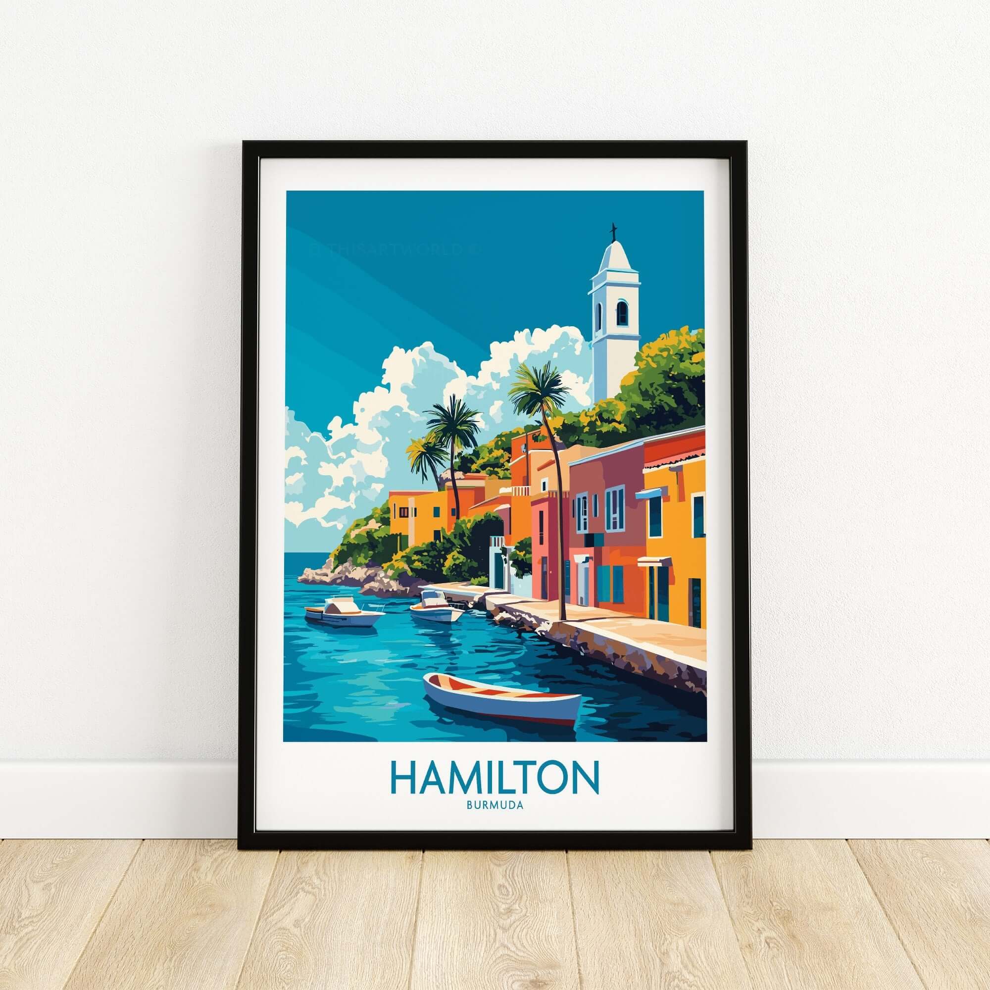 Hamilton Travel Poster Bermuda featuring vibrant artwork of Hamilton's picturesque streets and colorful buildings.