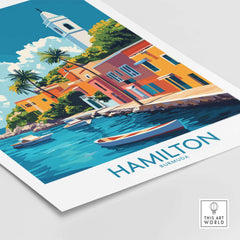 Hamilton Travel Poster Bermuda featuring colorful buildings and boats by the water in Hamilton, Bermuda.