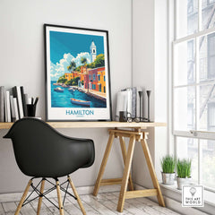 Hamilton Travel Poster Bermuda displayed in a stylish home office setting, featuring colorful buildings and boats.