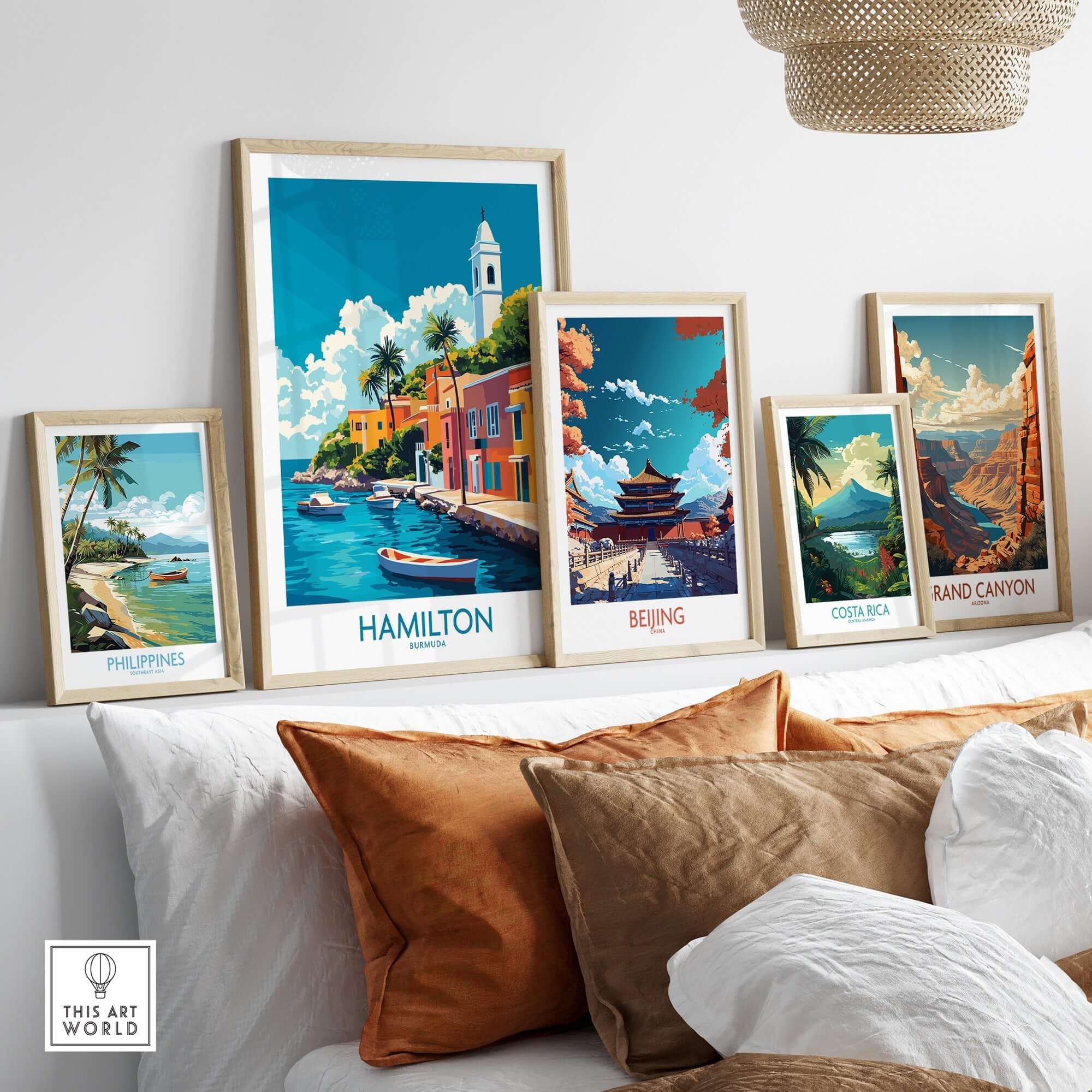 Hamilton Travel Poster Bermuda displayed among other travel posters in a stylish home décor setting.