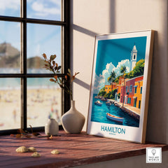 Hamilton Travel Poster Bermuda showcasing vibrant coastal scenery and colorful buildings.