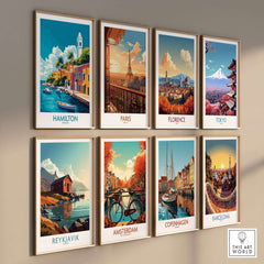 Hamilton Travel Poster Bermuda series featuring vibrant artwork of various global destinations.