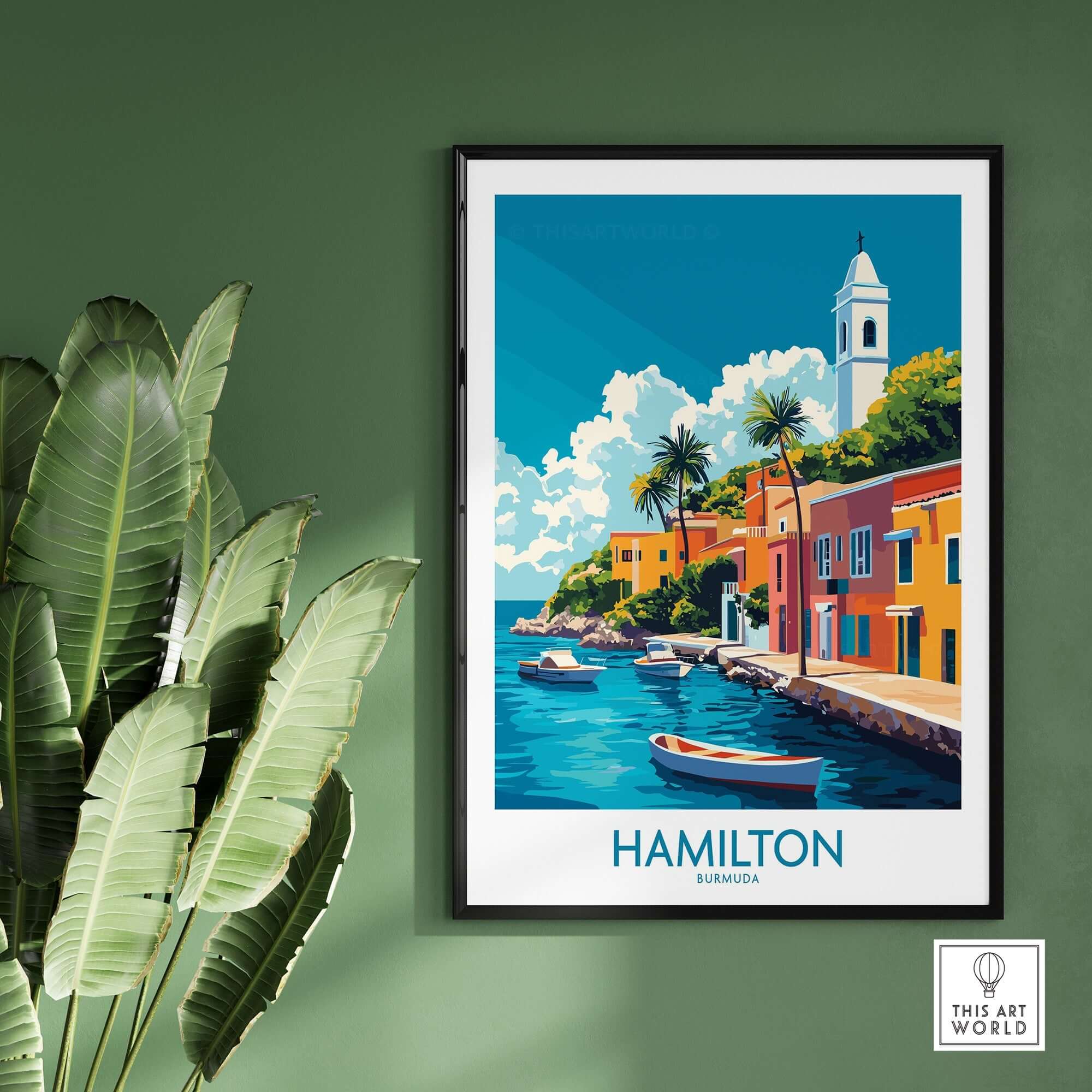 Hamilton Travel Poster Bermuda featuring colorful buildings and boats by the water in Hamilton, Bermuda.