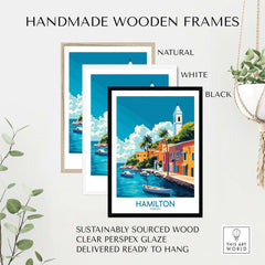 Hamilton Travel Poster Bermuda in handmade wooden frames: natural, white, and black options.