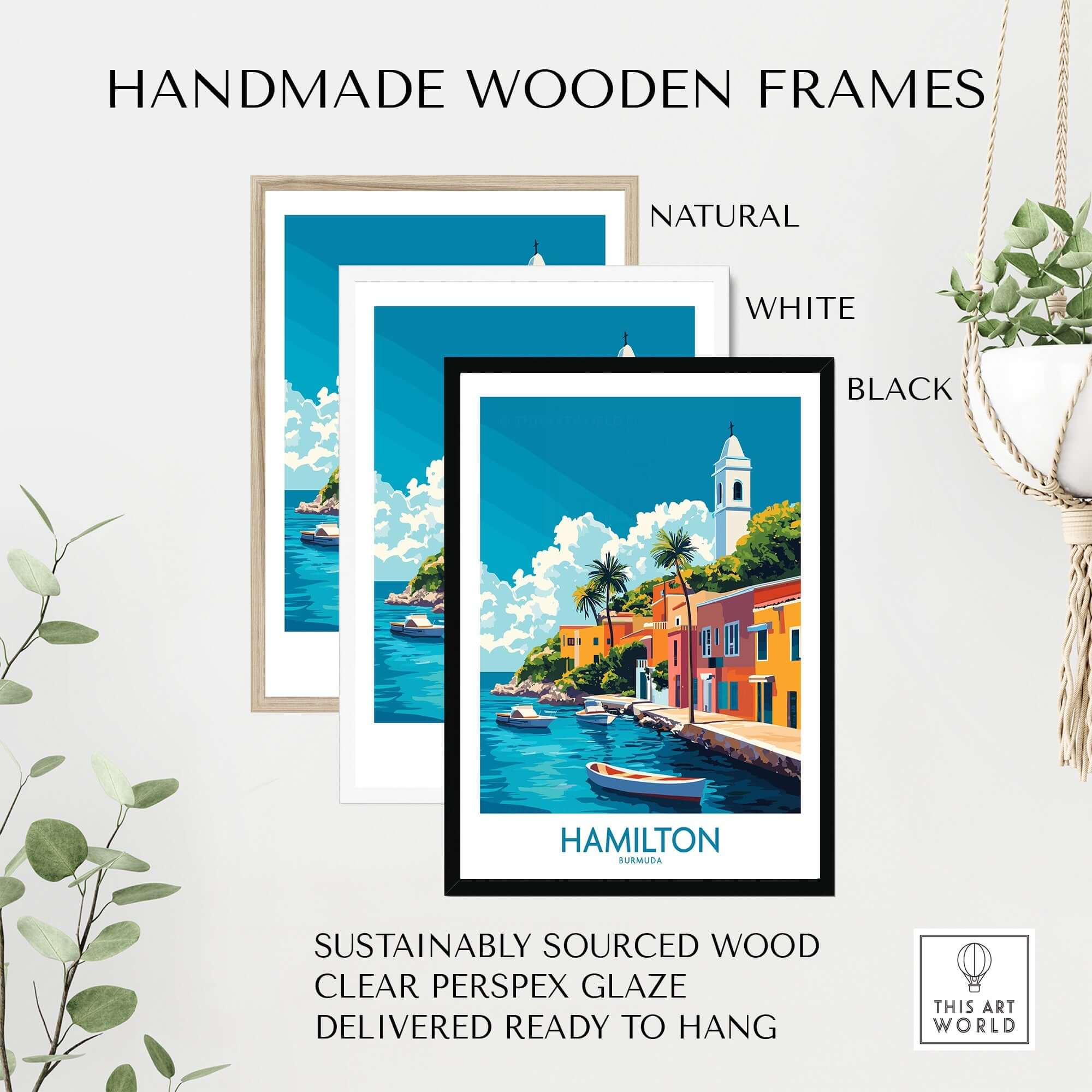Hamilton Travel Poster Bermuda in handmade wooden frames: natural, white, and black options.