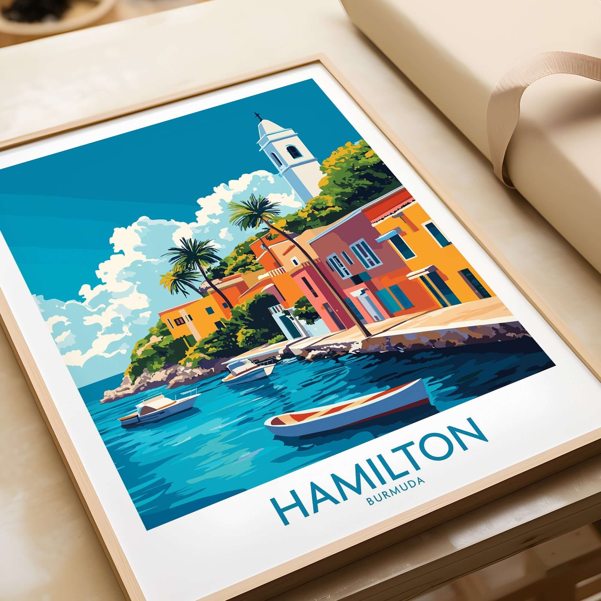 Hamilton Travel Poster Bermuda showcasing colorful buildings and boats in Hamilton, Bermuda's picturesque waterfront.