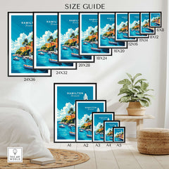 Size guide for Hamilton Travel Print Bermuda featuring various frame sizes for wall art.