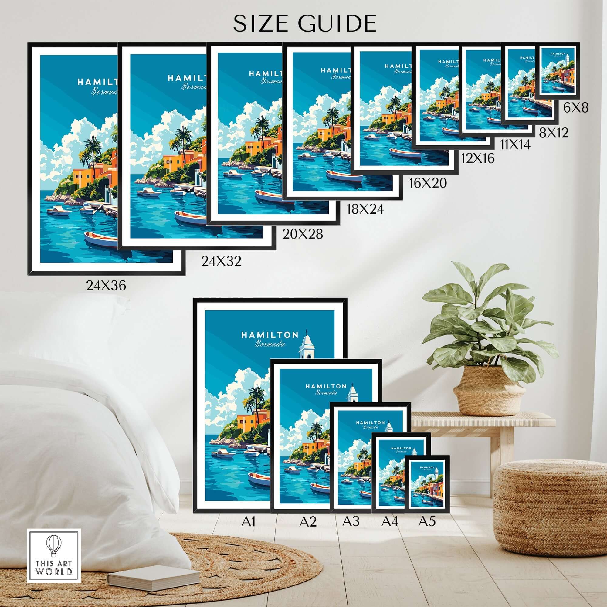 Size guide for Hamilton Travel Print Bermuda featuring various frame sizes for wall art.