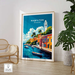 Hamilton Travel Print Bermuda wall art showcasing vibrant colors and a tropical scene in a stylish room setting.