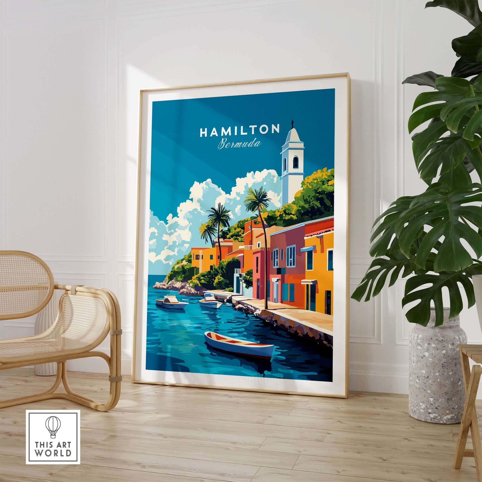 Hamilton Travel Print Bermuda wall art showcasing vibrant colors and a tropical scene in a stylish room setting.