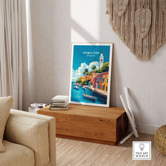 Hamilton Travel Print Bermuda displayed in a cozy living room, showcasing the vibrant beauty of Bermuda.
