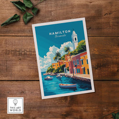 Hamilton Travel Print Bermuda showcasing colorful buildings and boats by the water in a tropical setting.