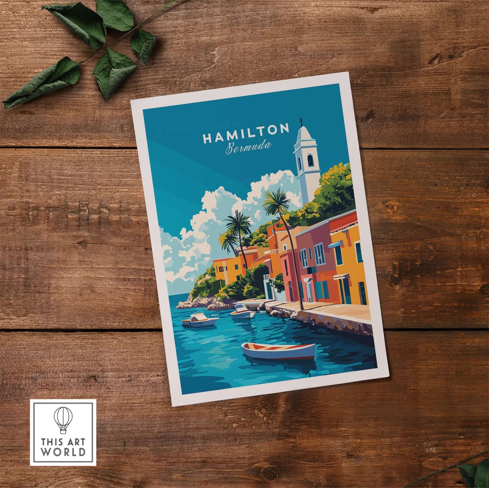 Hamilton Travel Print Bermuda showcasing colorful buildings and boats by the water in a tropical setting.