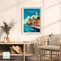 Hamilton Travel Print Bermuda featuring colorful buildings and a boat in Hamilton, Bermuda, perfect for wall art.