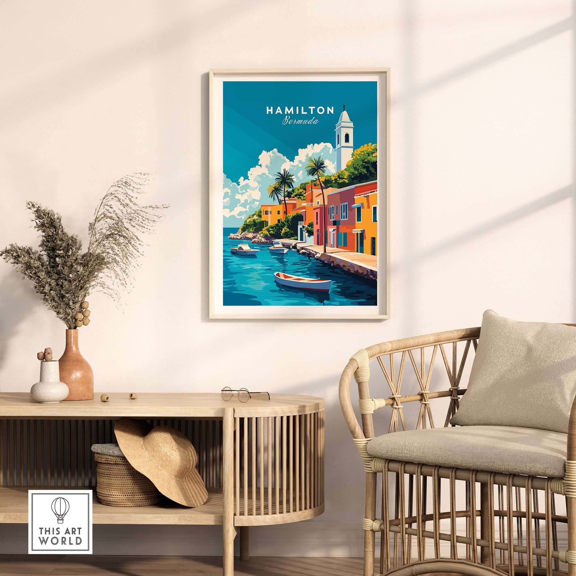 Hamilton Travel Print Bermuda featuring colorful buildings and a boat in Hamilton, Bermuda, perfect for wall art.