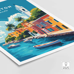 Hamilton Travel Print Bermuda showcasing colorful buildings and boats in a tropical setting, perfect for home decor.