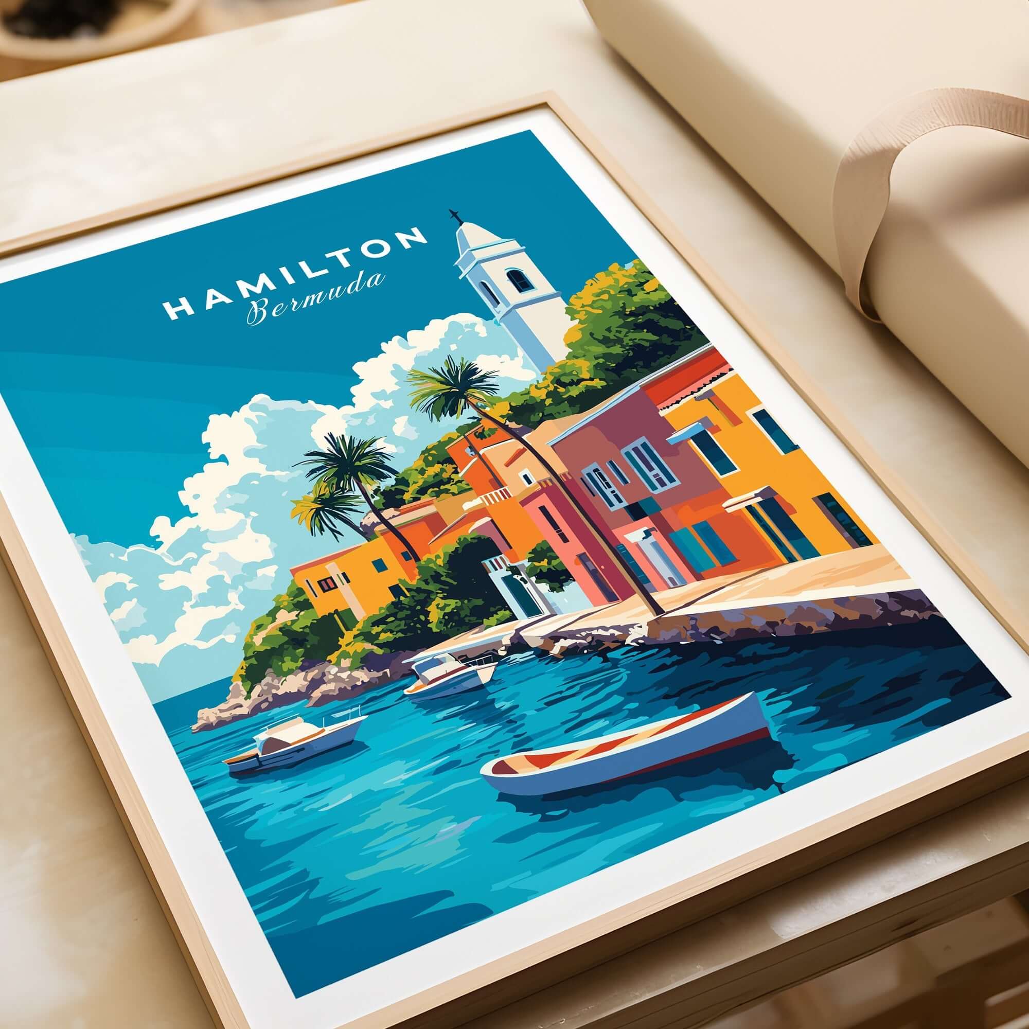 Hamilton Travel Print Bermuda showcasing vibrant coastal scenery and colorful buildings in a tropical setting.