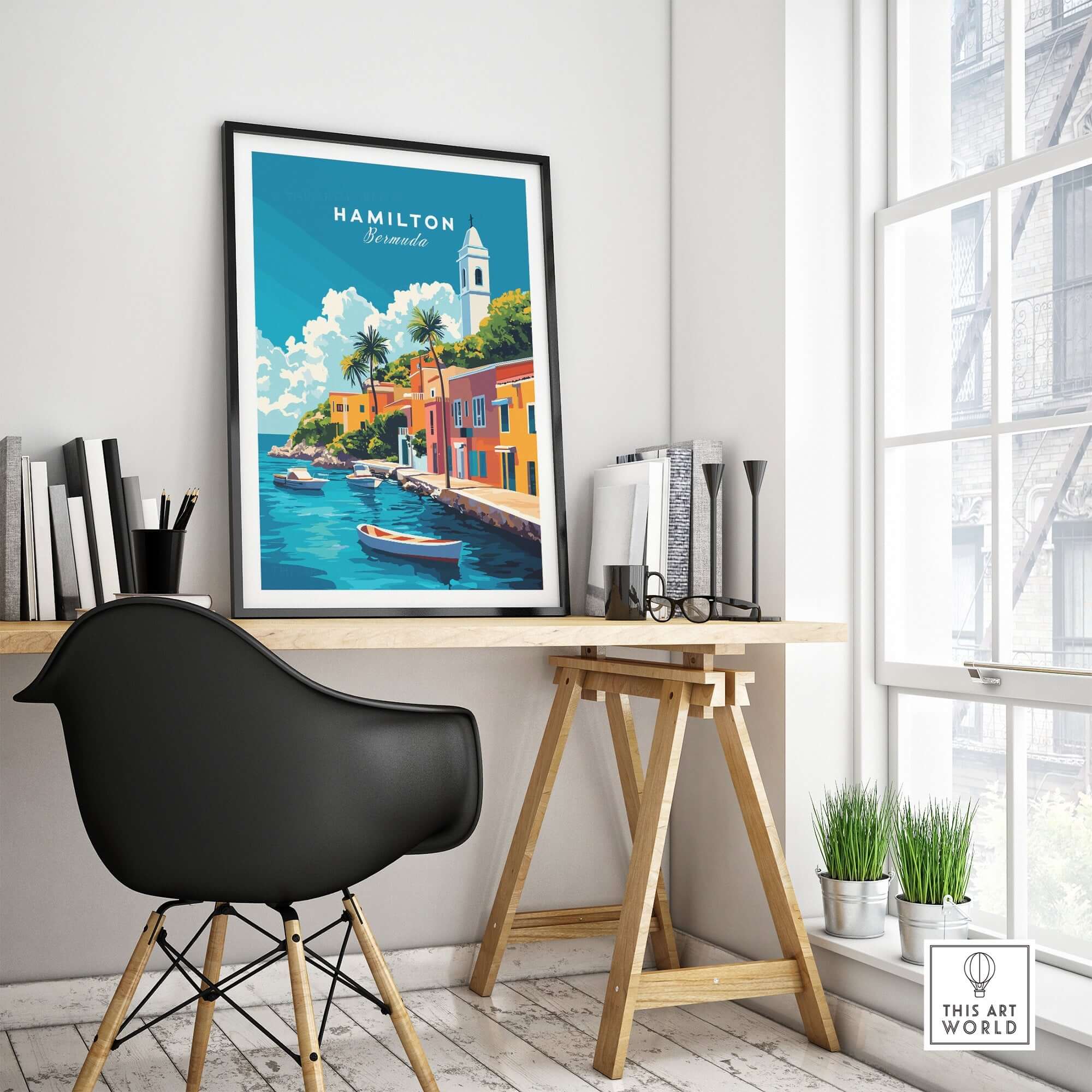 Hamilton Travel Print Bermuda displayed in a stylish room with a modern desk and chair, highlighting vibrant colors.