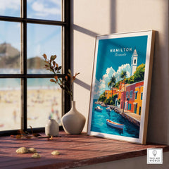 Hamilton Travel Print Bermuda poster showcasing vibrant coastal scenery and a serene beach view.