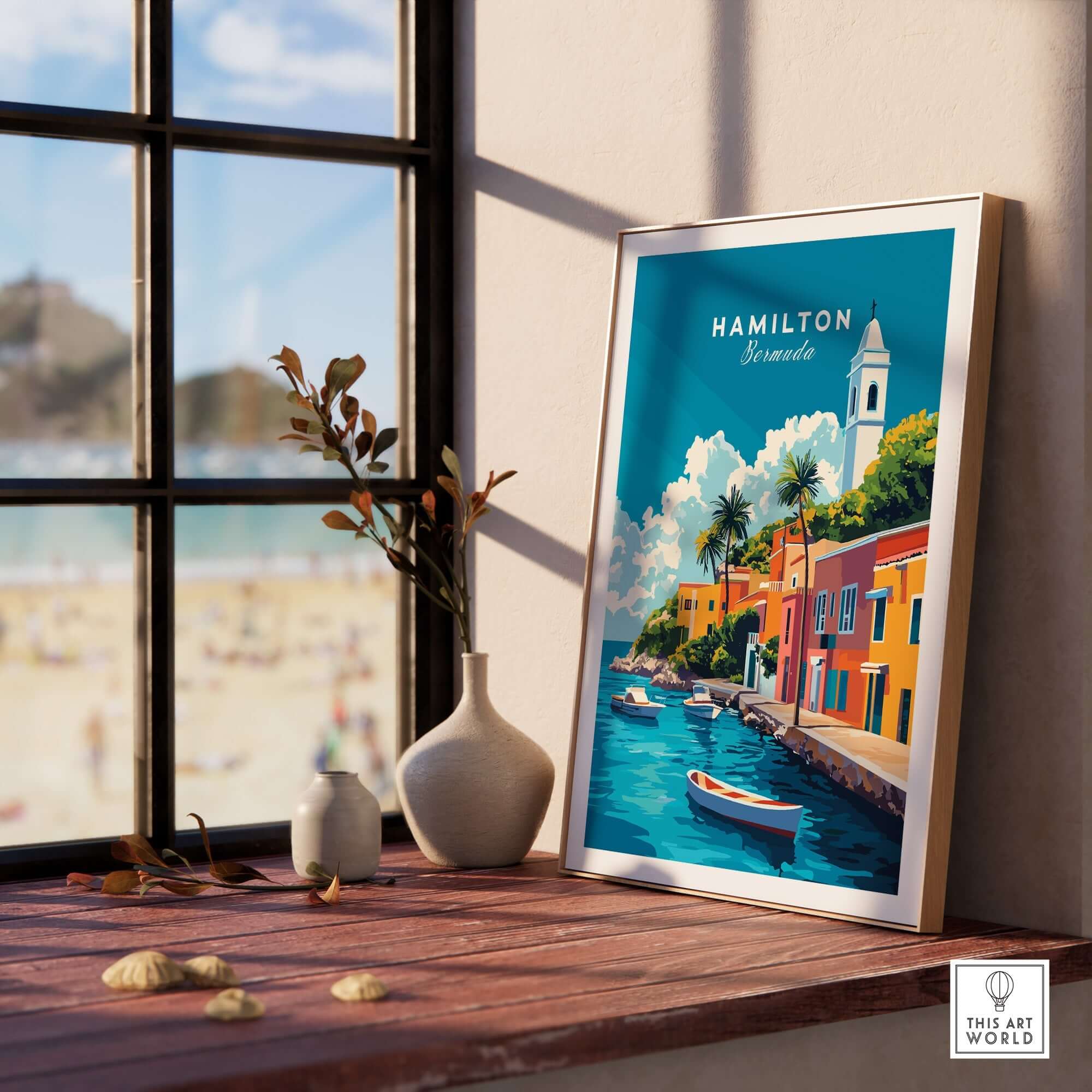 Hamilton Travel Print Bermuda poster showcasing vibrant coastal scenery and a serene beach view.