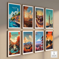 Hamilton Travel Print Bermuda and various city travel art prints displayed on a wall.