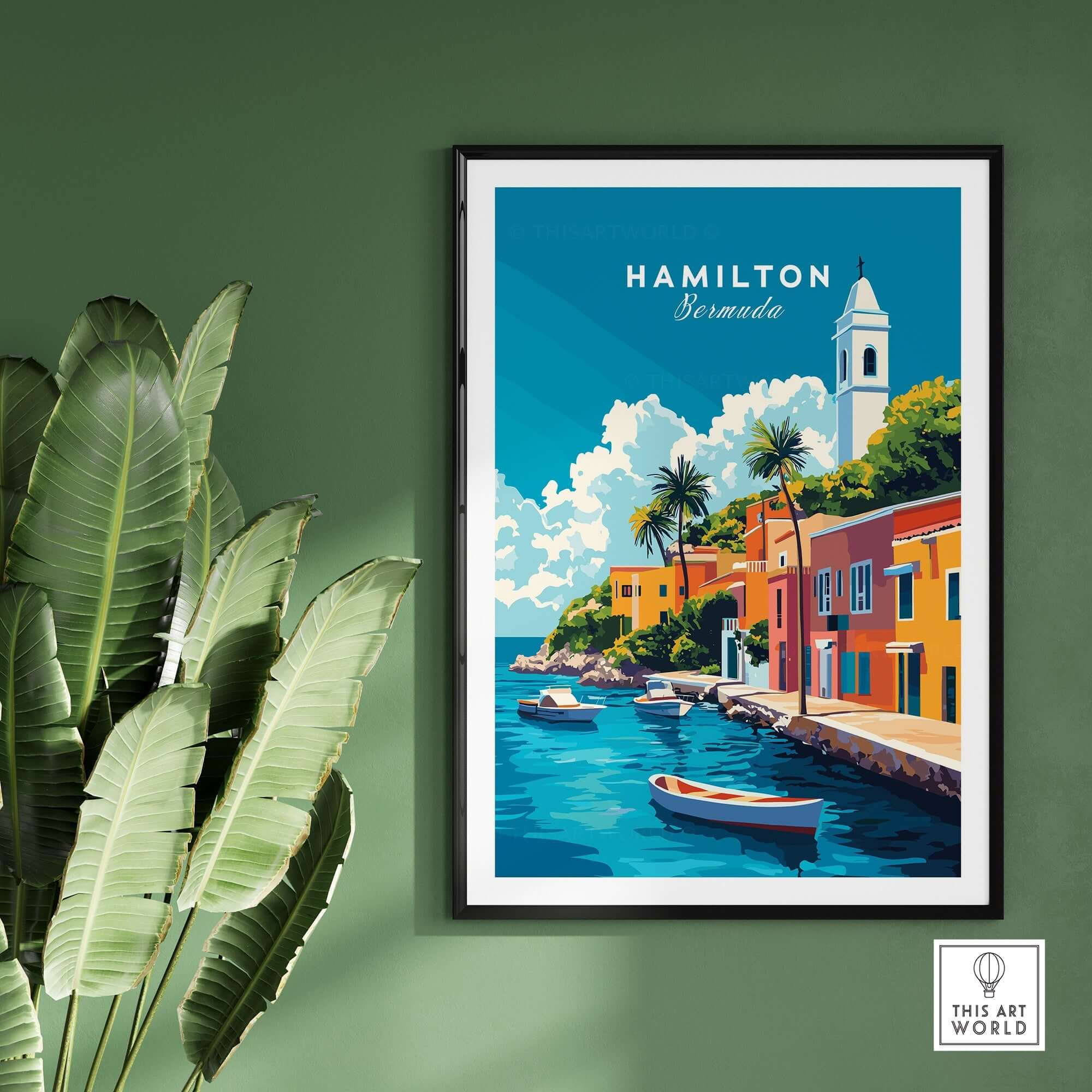 Hamilton Travel Print Bermuda poster showcasing colorful buildings and boats in a tropical setting.