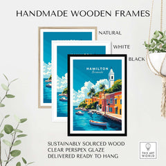 Hamilton Travel Print Bermuda in handmade wooden frames, natural, white, and black options, showcasing vibrant wall art.