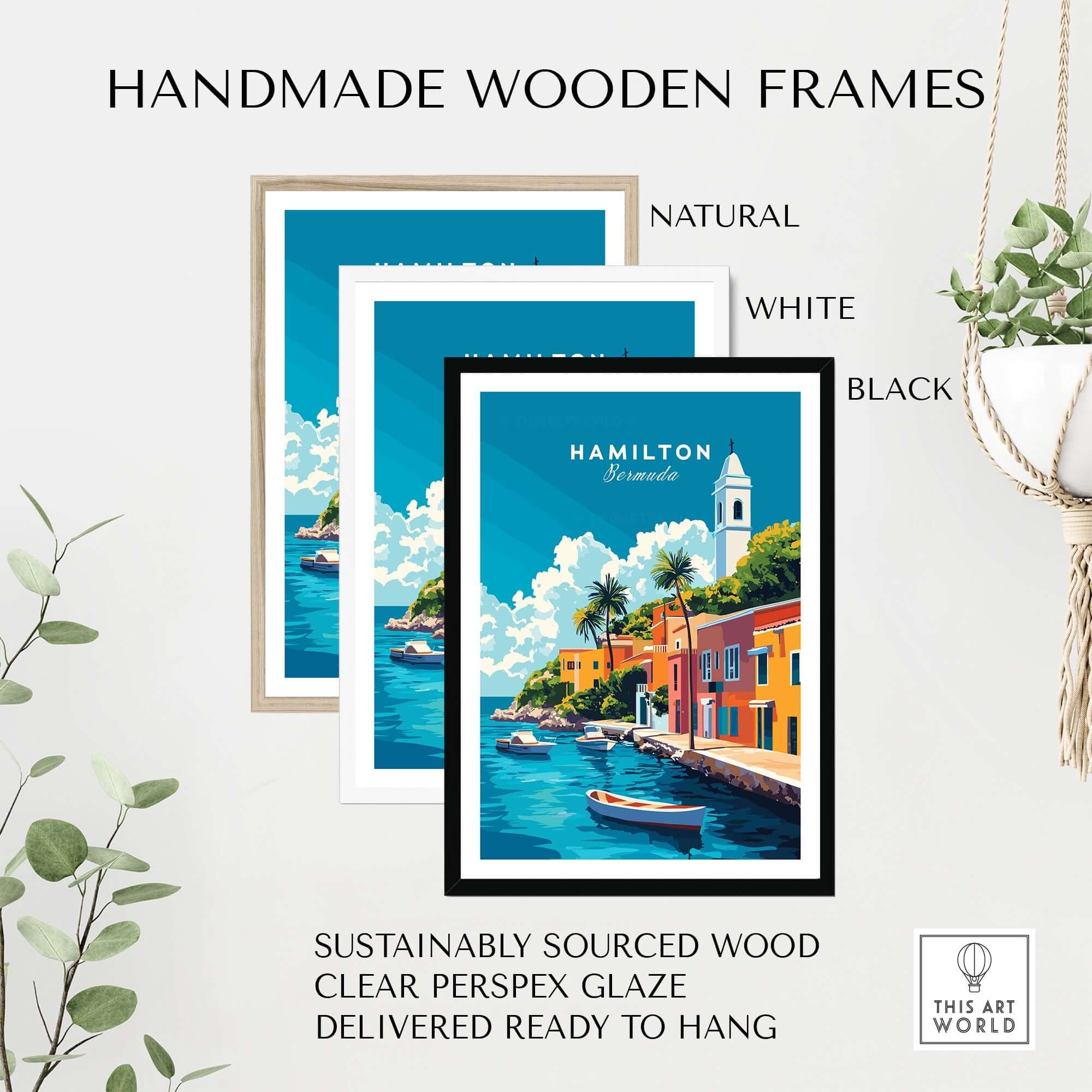 Hamilton Travel Print Bermuda in handmade wooden frames, natural, white, and black options, showcasing vibrant wall art.