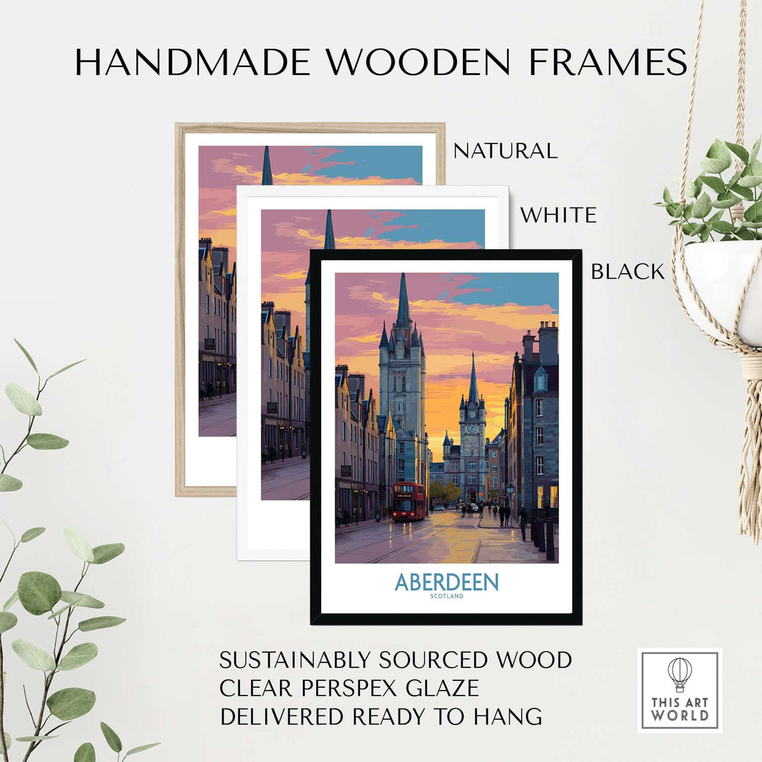 Handmade wooden frames in natural, white, and black for Aberdeen Scotland Sunset Art Print | Vibrant Cityscape Wall Poster