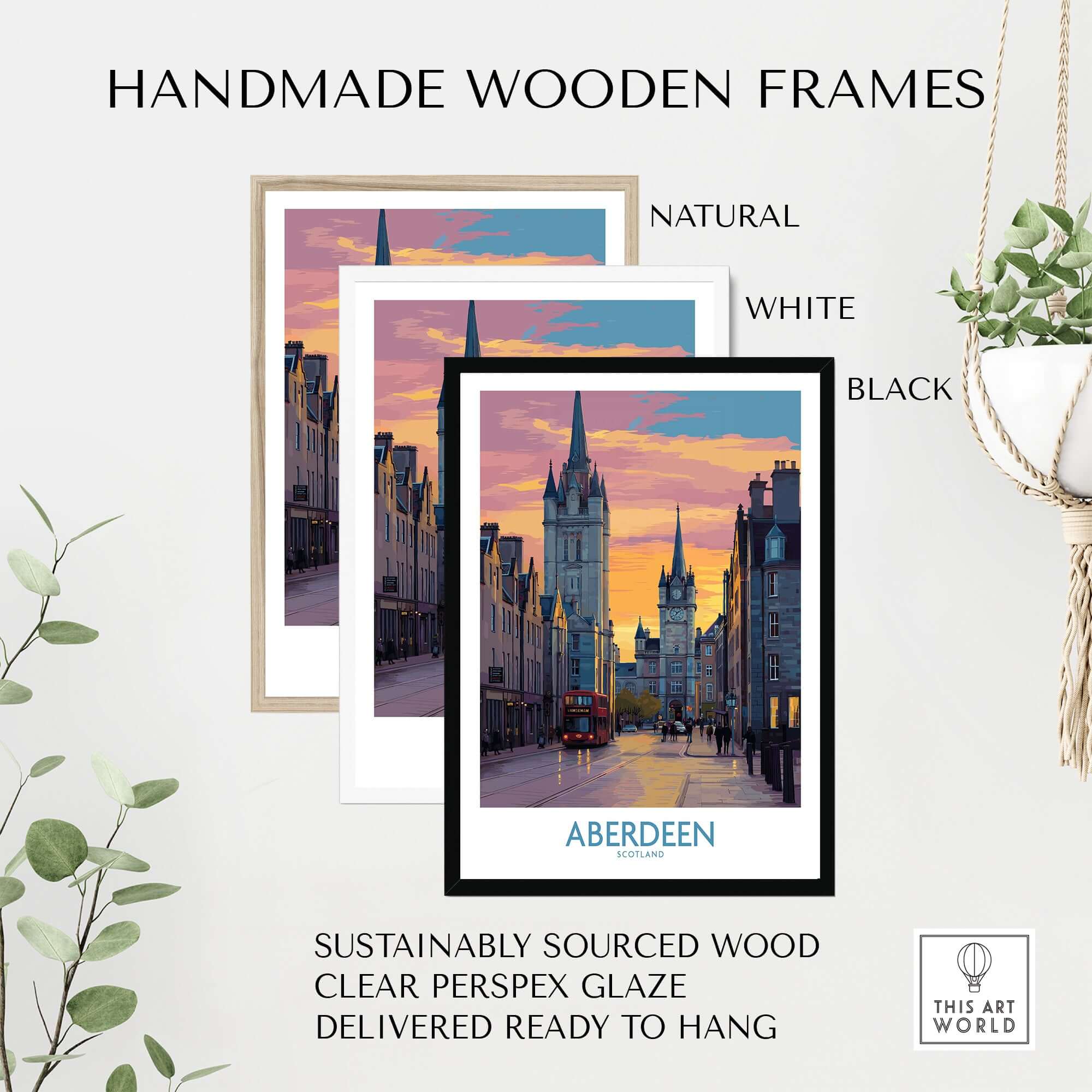 Handmade wooden frames in natural, white, and black for Aberdeen Scotland Sunset Art Print | Vibrant Cityscape Wall Poster.