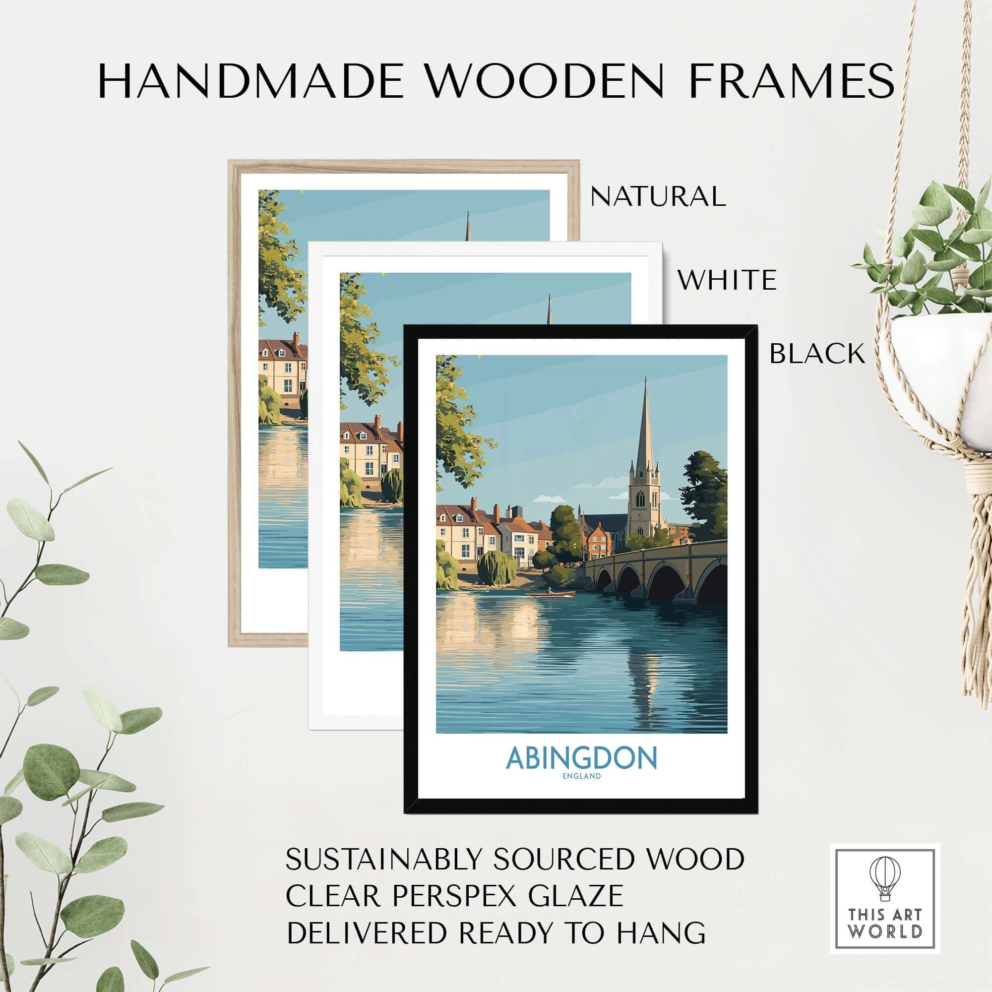 Handmade wooden frames for Abingdon UK Print - Picturesque Oxfordshire Townscape Art for Home Decor featuring natural, white, and black options.