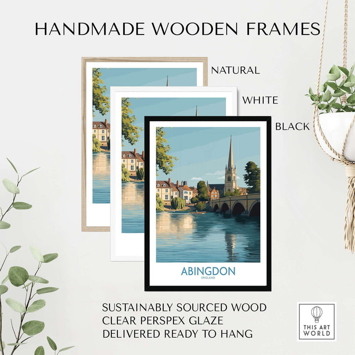Handmade wooden frames in natural, white, and black for the Abingdon UK print, crafted from sustainably sourced wood.
