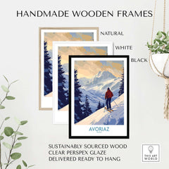 Avoriaz Ski Poster France framed in various handmade wood options including natural, white, and black.