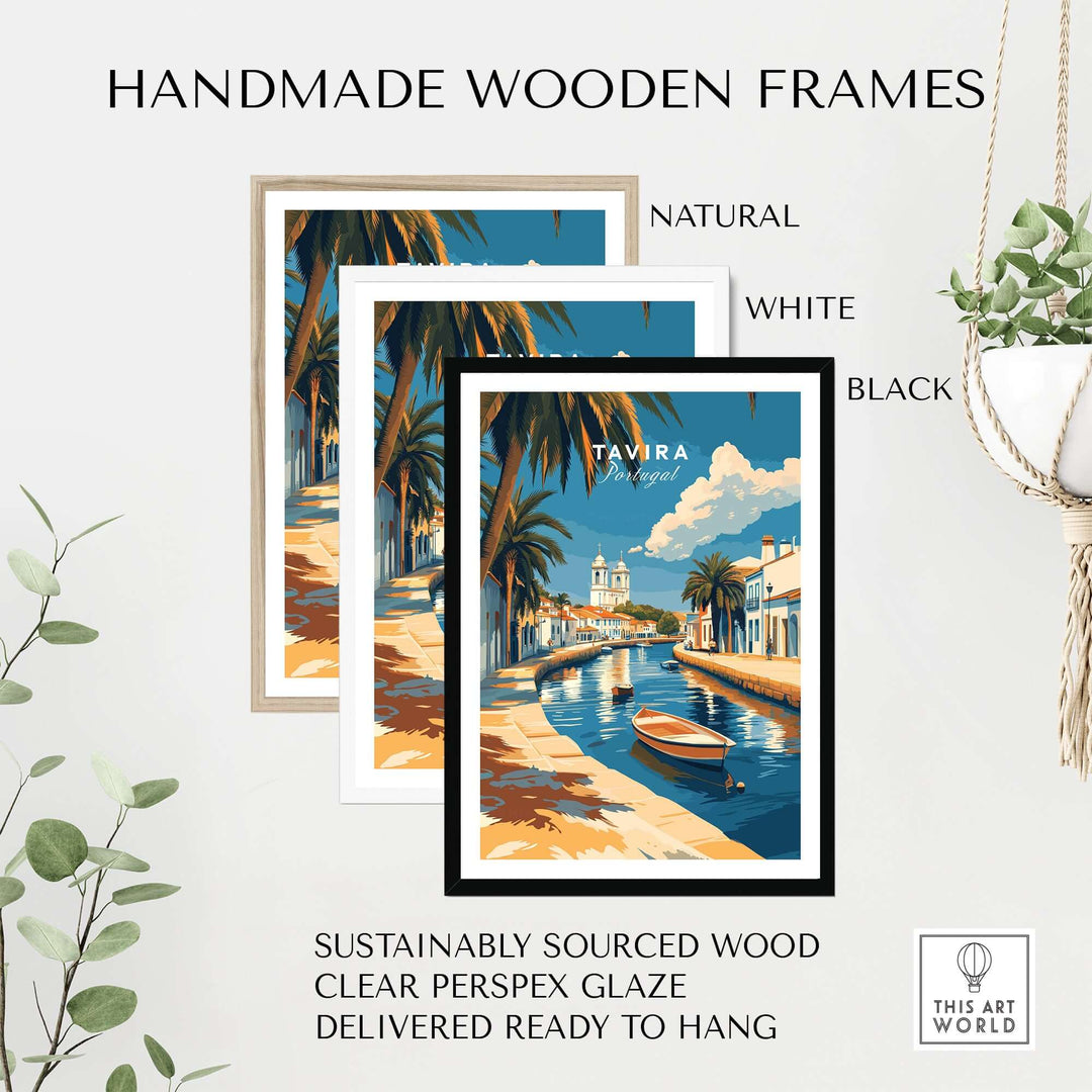 Handmade wooden frames in natural, white, and black for Algarve Tavira print, sustainably sourced and ready to hang.