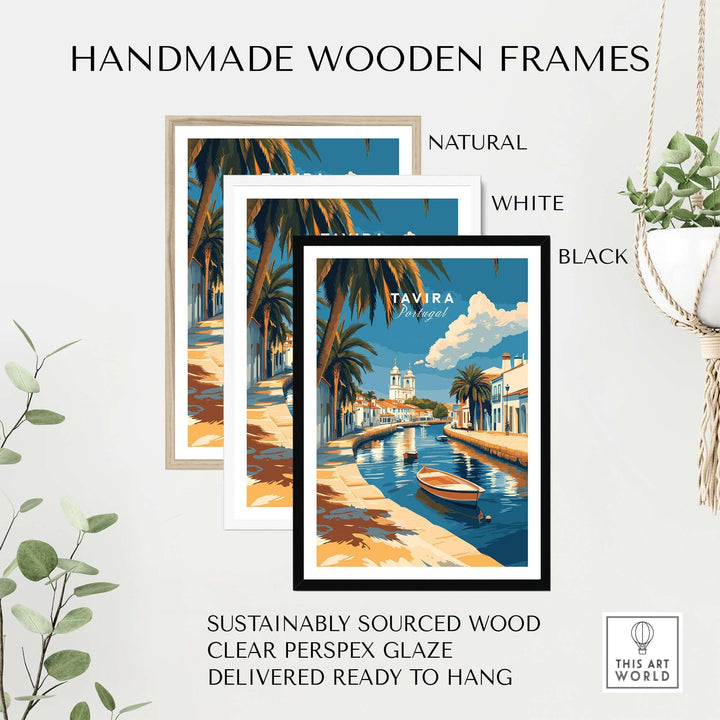 Handmade wooden frames in natural, white, and black for Algarve Tavira print, sustainably sourced and ready to hang.