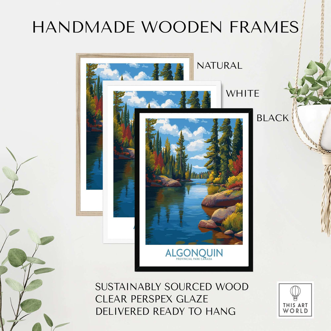 Algonquin Autumn Forest Art Print | Canada Fall Wilderness Poster displayed in handmade wooden frames.